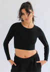 Organic Cotton Crew Long Sleeve Cropped T-Shirt, Black Pantee