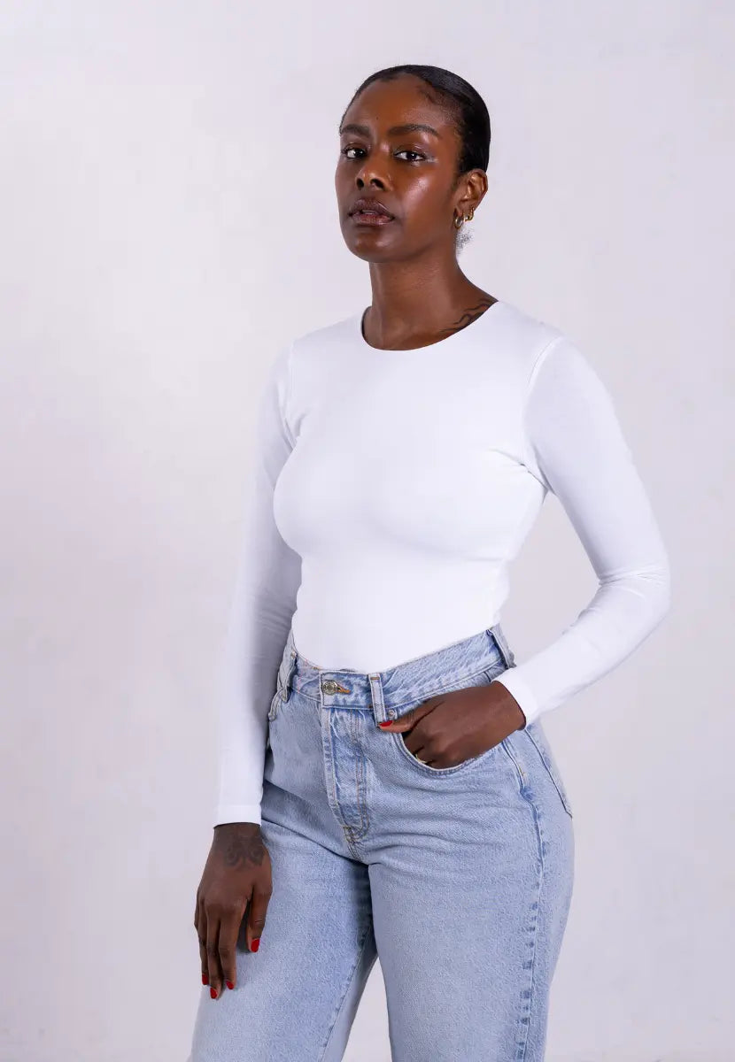 Organic Cotton Crew Long Sleeve T-Shirt, White Pantee