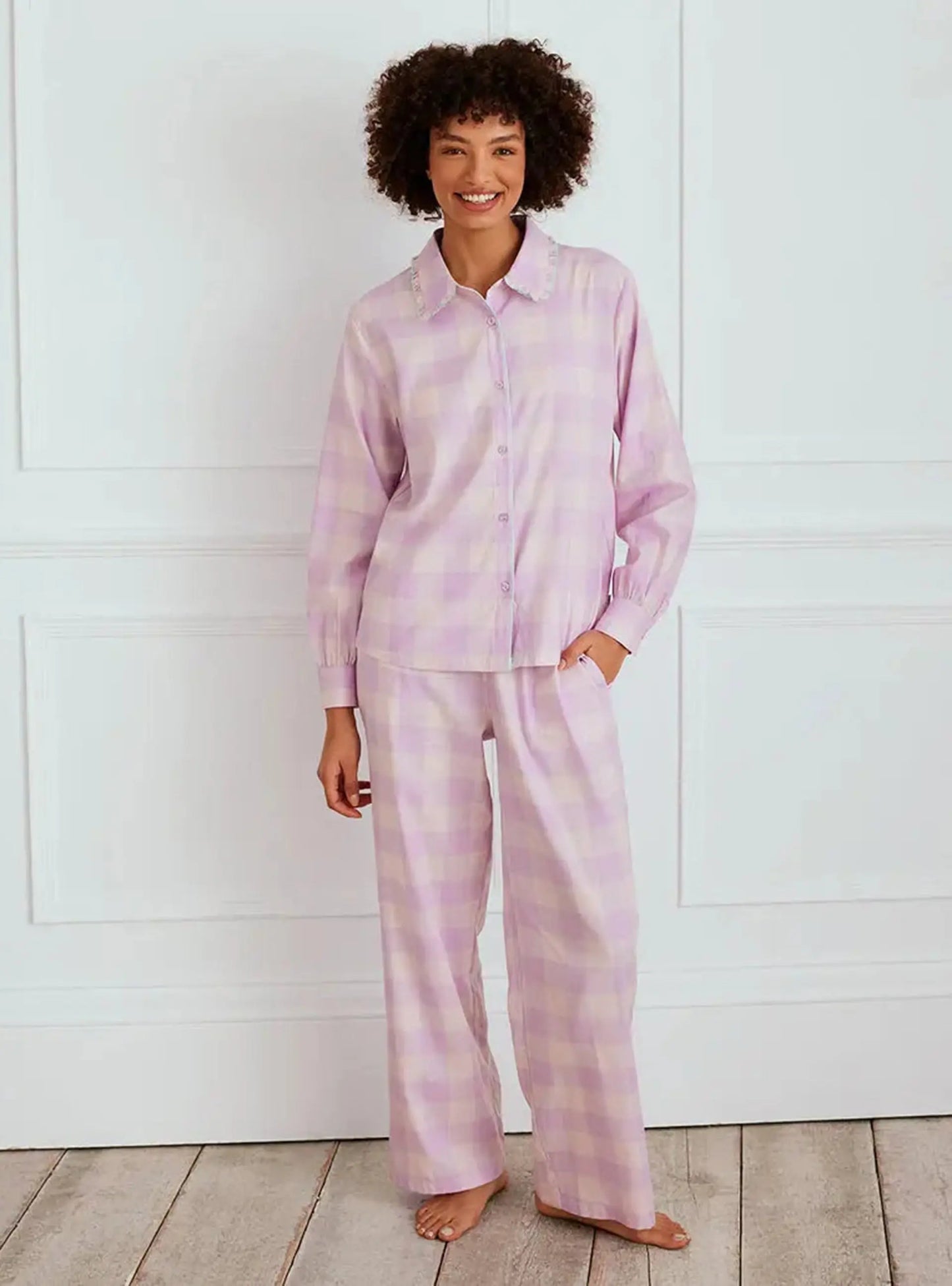 Organic Cotton Gingham Frill Women's Long Pyjama Set Chelsea Peers