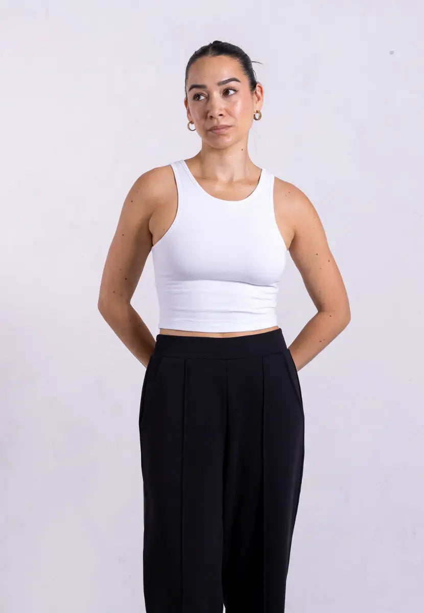 Organic Cotton High-Neck Cropped Tank, White Tanks