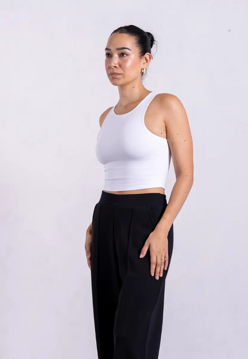 Organic Cotton High-Neck Cropped Tank, White Tanks