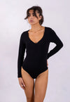 Organic Cotton Long-Sleeve Sweetheart Bodysuit, Black Pantee