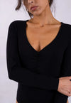 Organic Cotton Long-Sleeve Sweetheart Bodysuit, Black Pantee