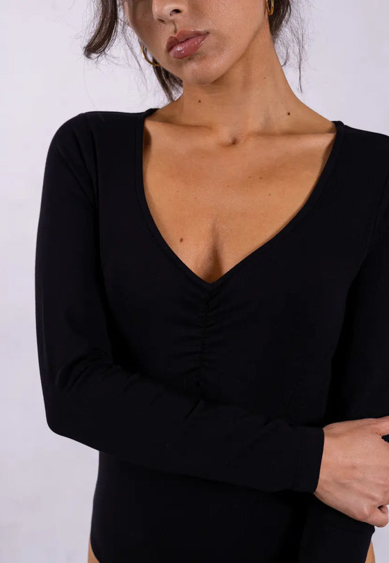 Organic Cotton Long-Sleeve Sweetheart Bodysuit, Black Pantee