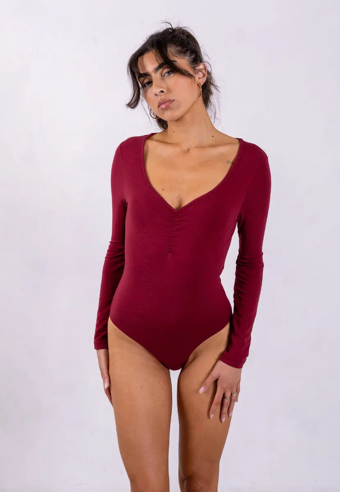 Organic Cotton Long Sleeve Sweetheart Bodysuit, Ruby Wine Bodysuits