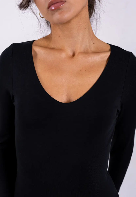 Organic Cotton Long Sleeve V-Neck Bodysuit, Black Pantee