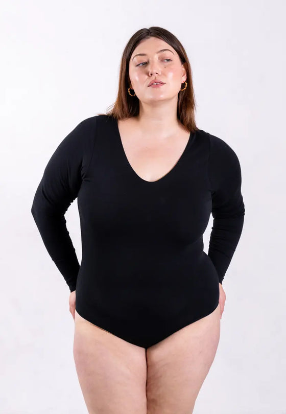 Organic Cotton Long Sleeve V-Neck Bodysuit, Black Pantee