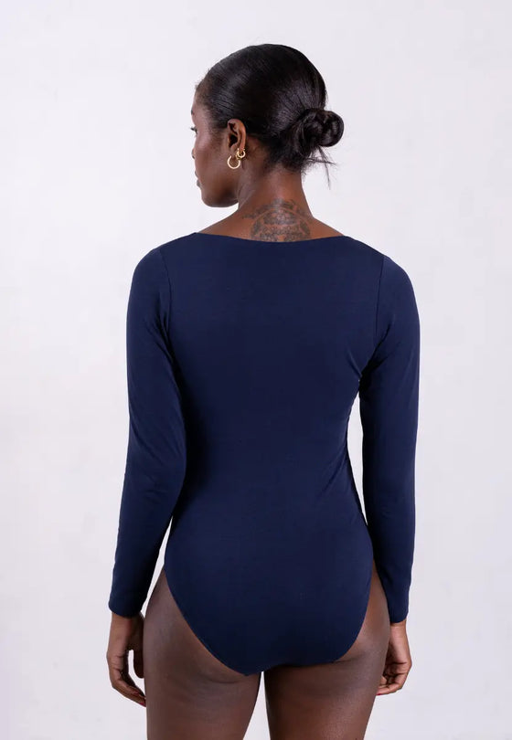 Organic Cotton Long Sleeve V-Neck Bodysuit, Blue Navy Pantee