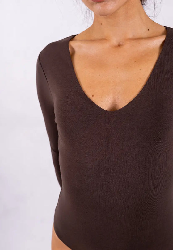 Organic Cotton Long Sleeve V-Neck Bodysuit, Hot Fudge Pantee