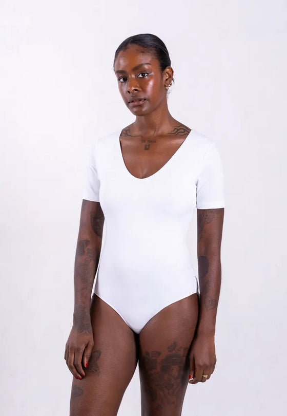 Organic Cotton V-Neck Bodysuit, White Pantee