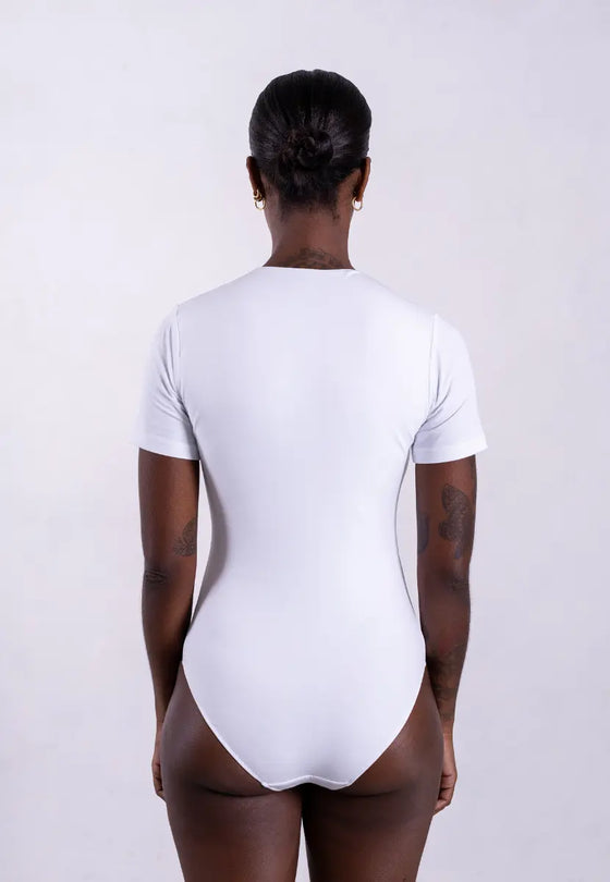 Organic Cotton V-Neck Bodysuit, White Pantee