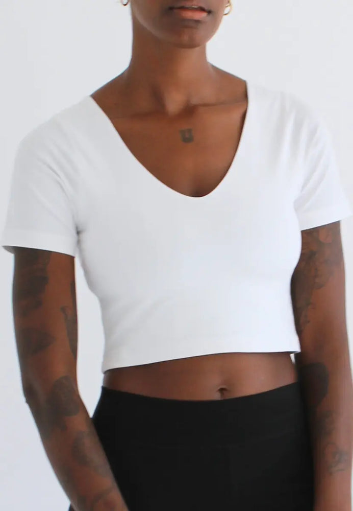 Organic Cotton V-Neck Cropped T-Shirt, White Pantee