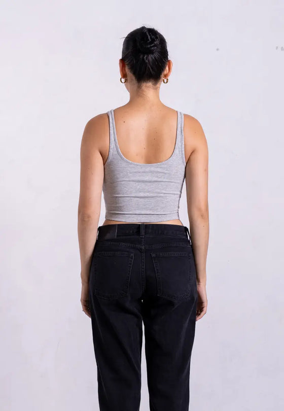 Organic Cotton V-Neck Cropped Tank Top, Light Grey Marl Pantee