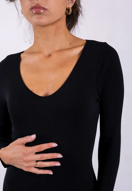 Organic Cotton V-Neck Long Sleeve T-Shirt, Black Pantee