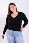 Organic Cotton V-Neck Long Sleeve T-Shirt, Black Pantee