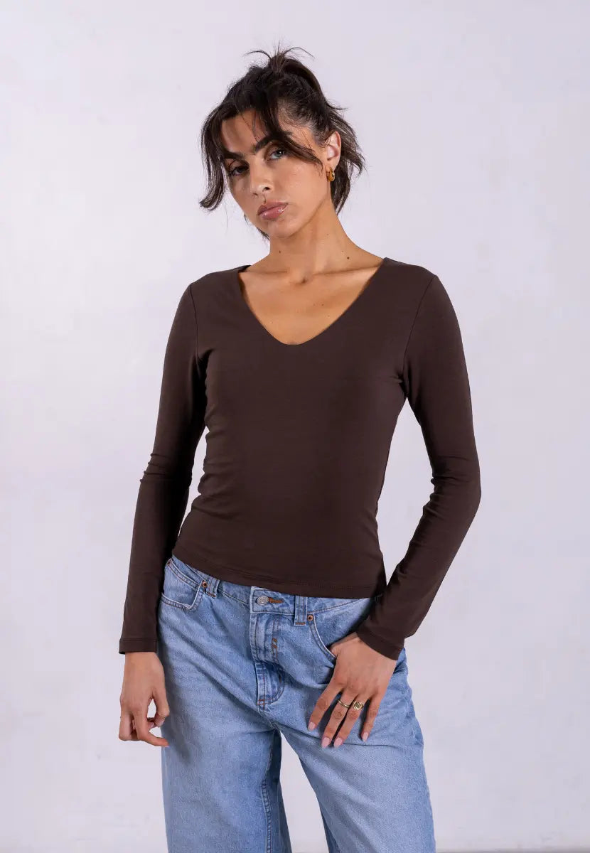 Organic Cotton V-Neck Long Sleeve T-Shirt, Hot Fudge T-shirts