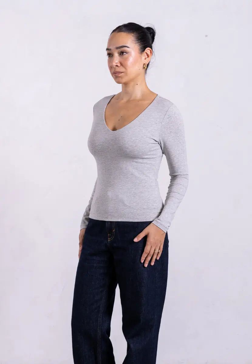 Organic Cotton V-Neck Long Sleeve T-Shirt, Light Grey Marl T-shirts