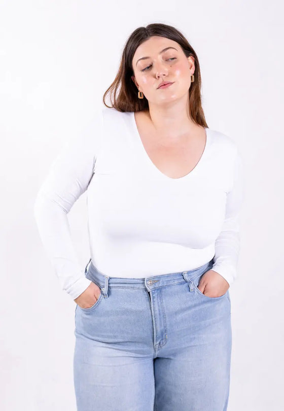 Organic Cotton V-Neck Long Sleeve T-Shirt, White Pantee