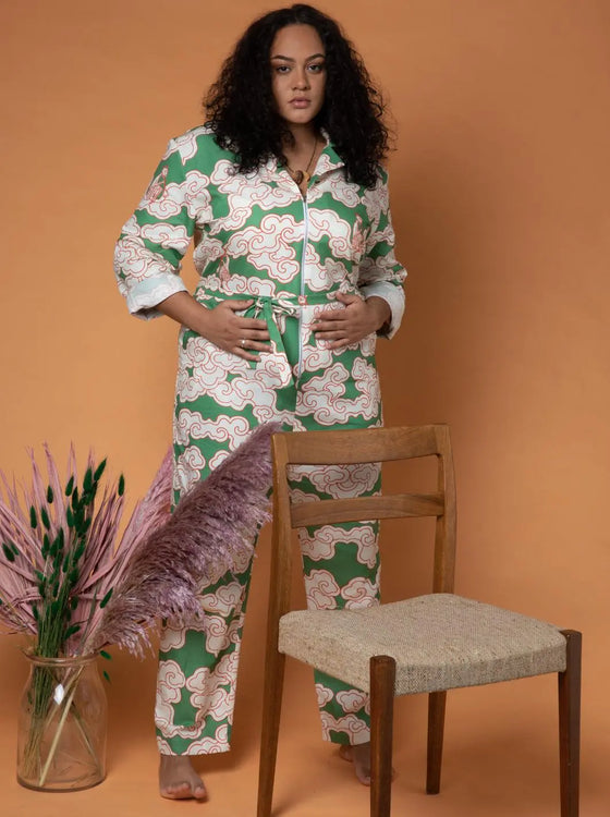 Organic Cotton & Linen Green Clouds Jumpsuit Wild Clouds