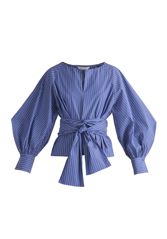 Striped Volume Sleeve Blouse With Matching Belt