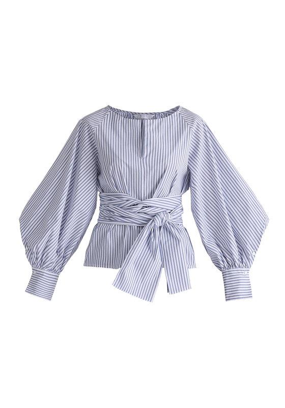 Striped Volume Sleeve Blouse With Matching Belt