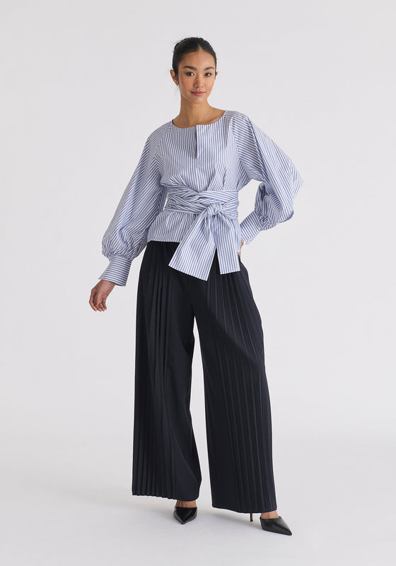 Striped Volume Sleeve Blouse With Matching Belt