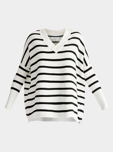  White and Black V-Neck Ribbed Jumper