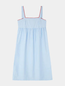  Pale Blue Midi Nightdress With Red Ric Rac - 100% Cotton Poplin Sarah Brown London