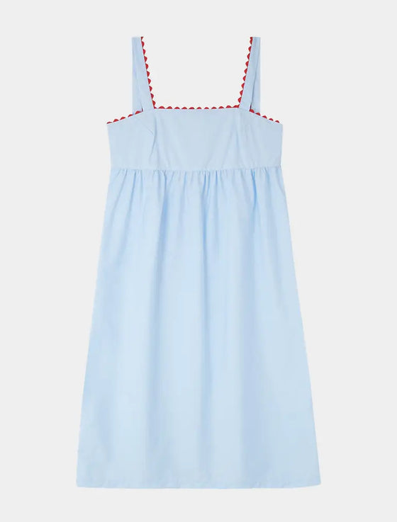 Pale Blue Midi Nightdress With Red Ric Rac - 100% Cotton Poplin Sarah Brown London