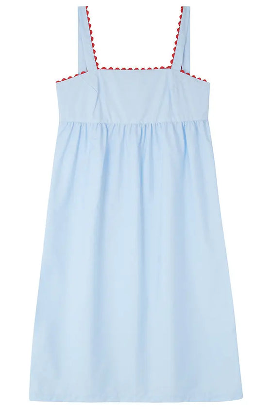 Pale Blue Midi Nightdress With Red Ric Rac - 100% Cotton Poplin Sarah Brown London