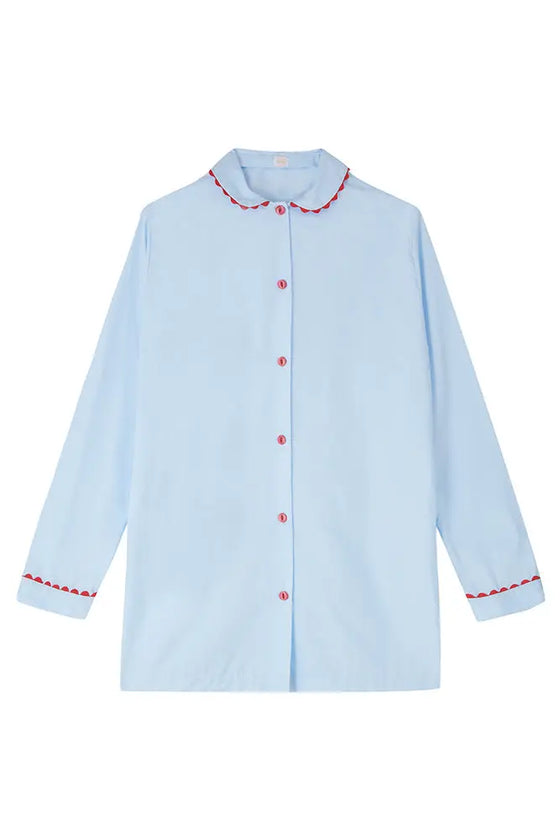 Pale Blue Nightshirt With Red Ric Rac Trim - 100% Cotton Poplin Sarah Brown London