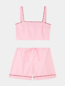  Pale Pink Crop Top and Shorts Matching Set With Red Ric Rac Trim - 100% Cotton Poplin Sarah Brown London