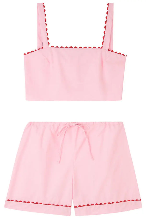 Pale Pink Crop Top and Shorts Matching Set With Red Ric Rac Trim - 100% Cotton Poplin Sarah Brown London