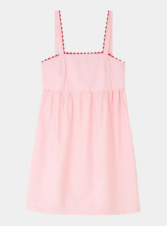 Pale Pink Mini Nightdress With Red Ric Rac - 100% Cotton Poplin Sarah Brown London