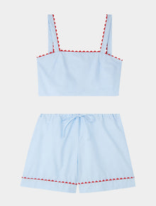  Pale Blue Crop Top and Shorts Matching Set With Red Ric Rac Trim - 100% Cotton Poplin Sarah Brown London