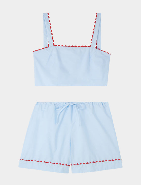 Pale Blue Crop Top and Shorts Matching Set With Red Ric Rac Trim - 100% Cotton Poplin Sarah Brown London