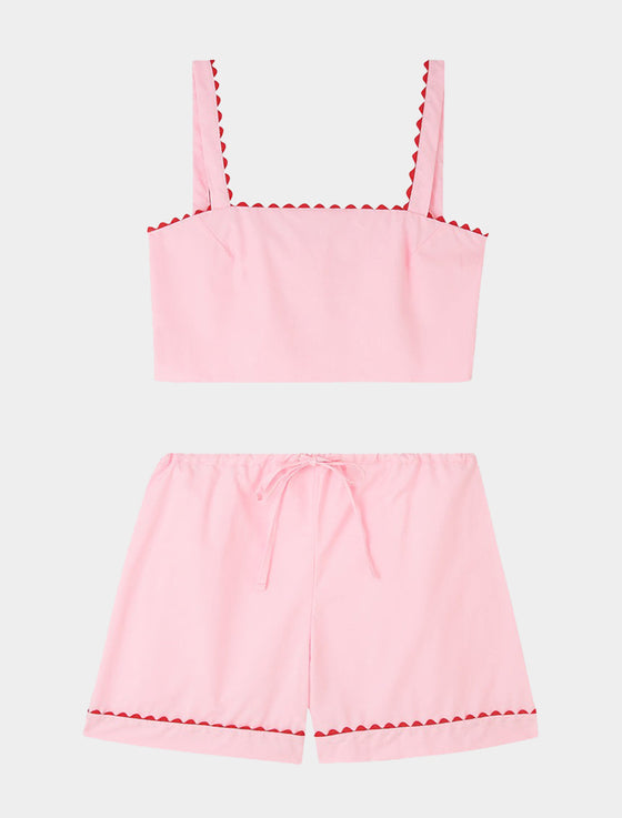 Pale Pink Crop Top and Shorts Matching Set With Red Ric Rac Trim - 100% Cotton Poplin Sarah Brown London