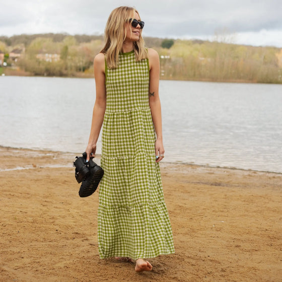 Paula Gingham Cotton Knitted Maxi Dress - Green Cara & The Sky