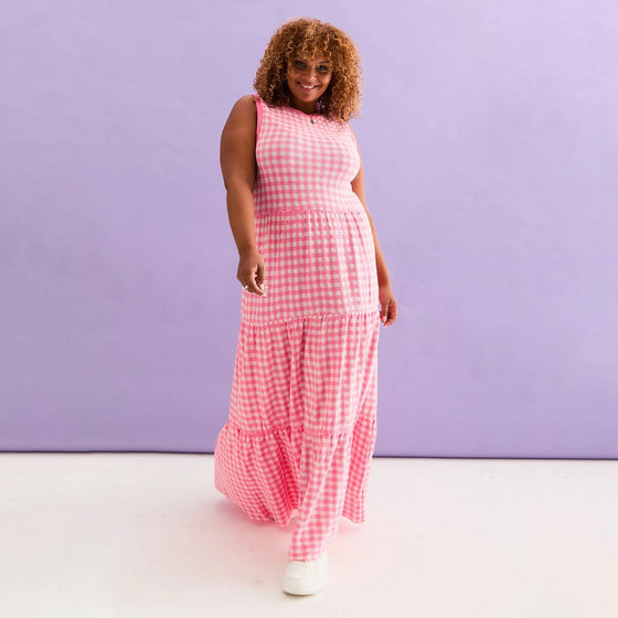 Paula Gingham Cotton Knitted Maxi Dress - Hot Pink Cara & The Sky