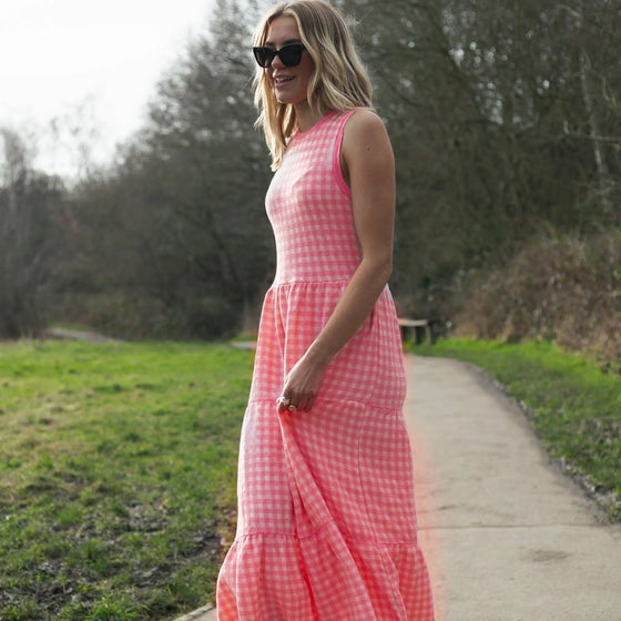 Paula Gingham Cotton Knitted Maxi Dress - Hot Pink Cara & The Sky