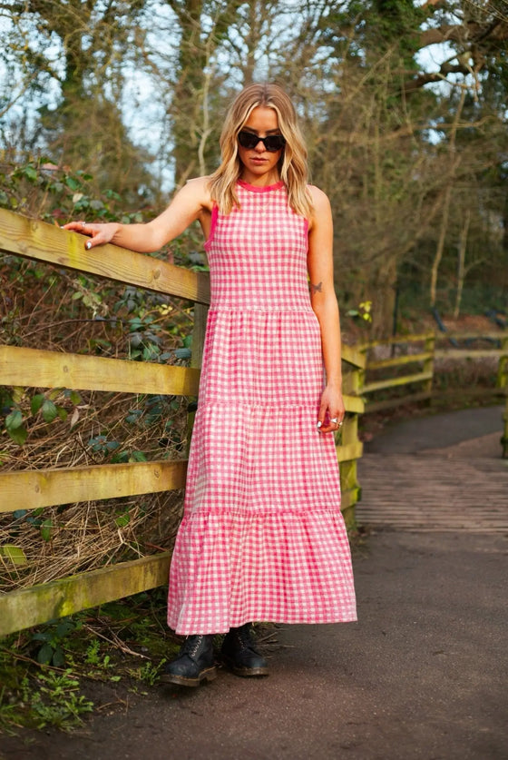 Paula Gingham Cotton Knitted Maxi Dress - Hot Pink Cara & The Sky