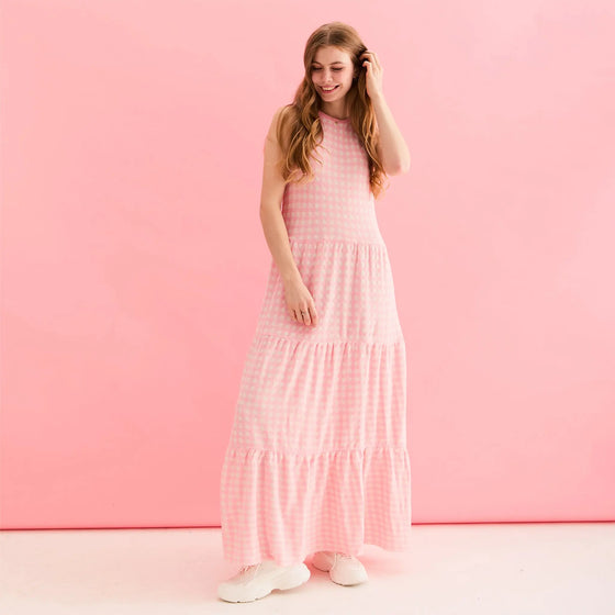 Paula Gingham Cotton Knitted Maxi Dress - Light Pink Cara & The Sky