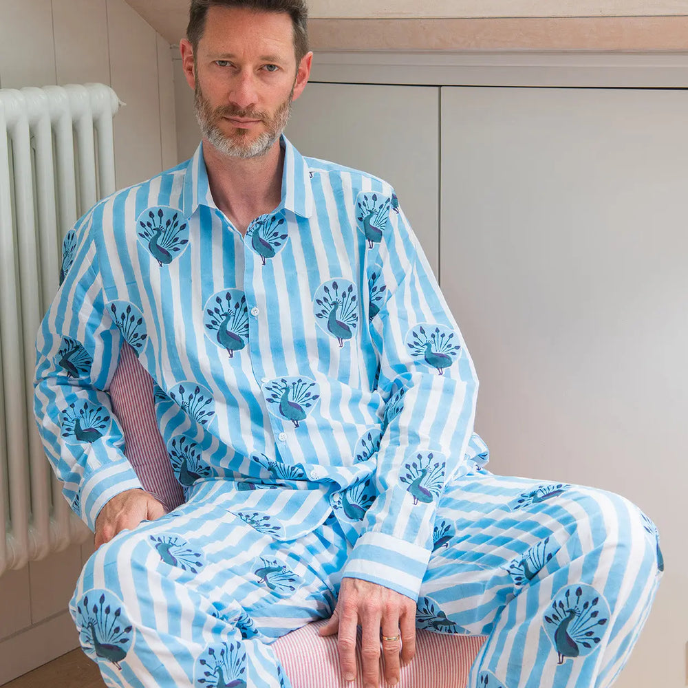 Peacock Stripe Mens Pyjamas - Blue Lulu and Nat