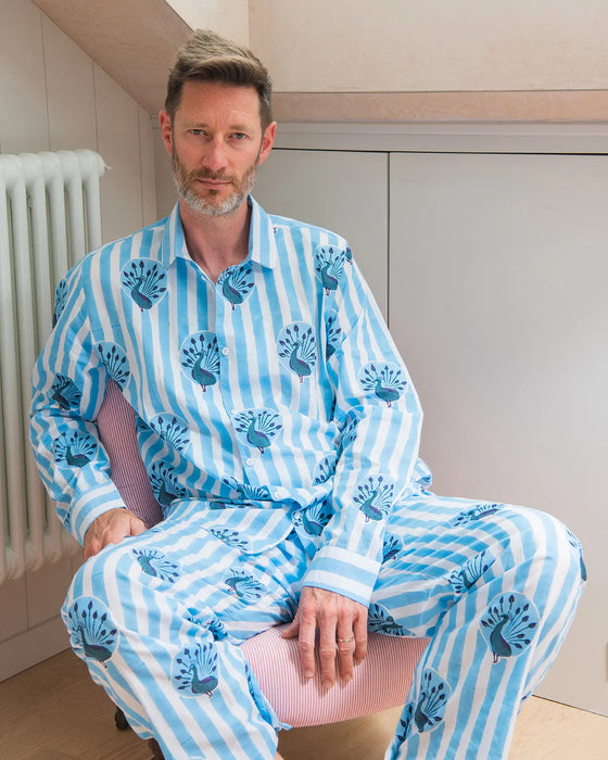 Peacock Stripe Mens Pyjamas - Blue Lulu and Nat