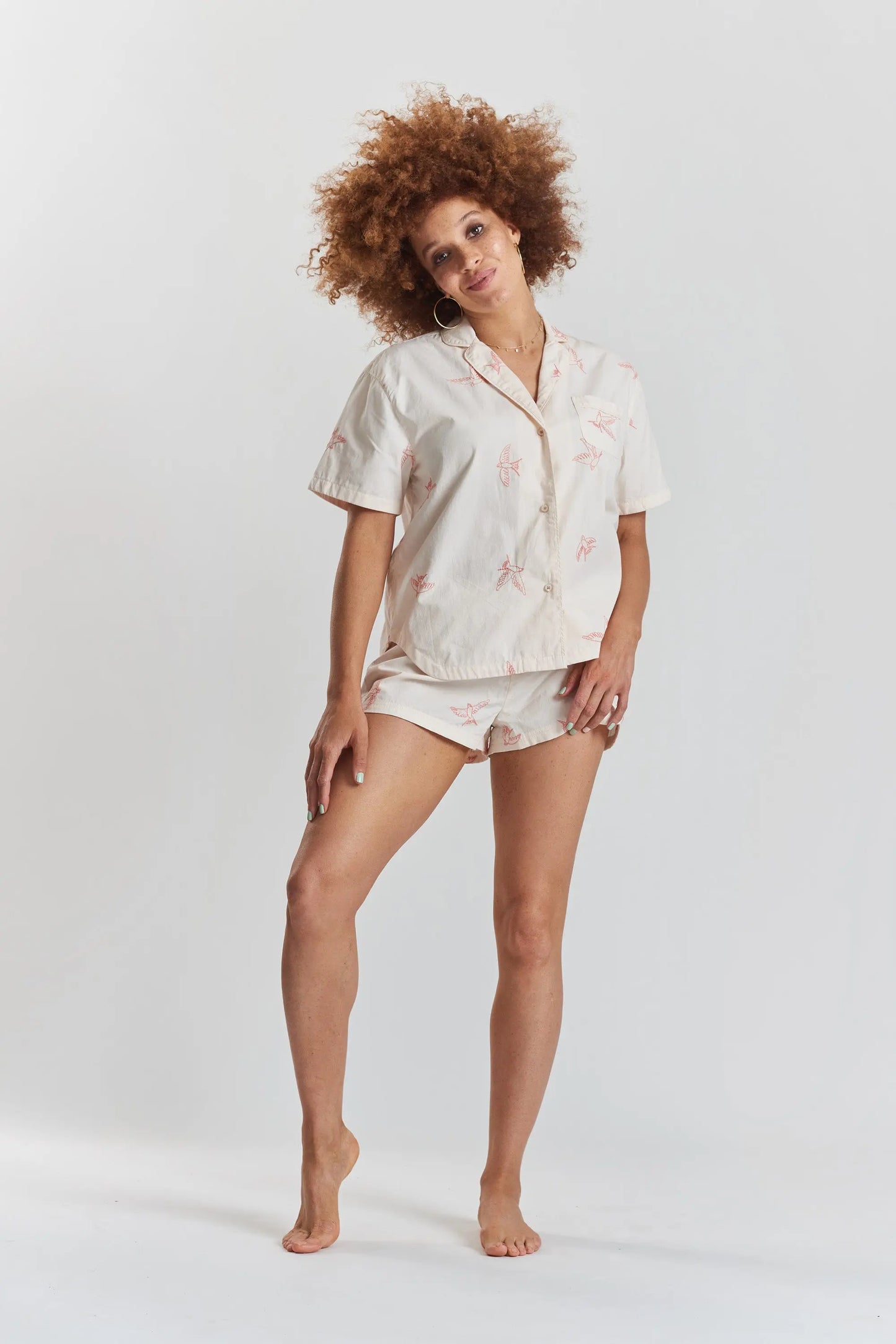 Picea Embroidered Ethical-Cotton Pyjama Shirt - Shoreline Peach Peachaus