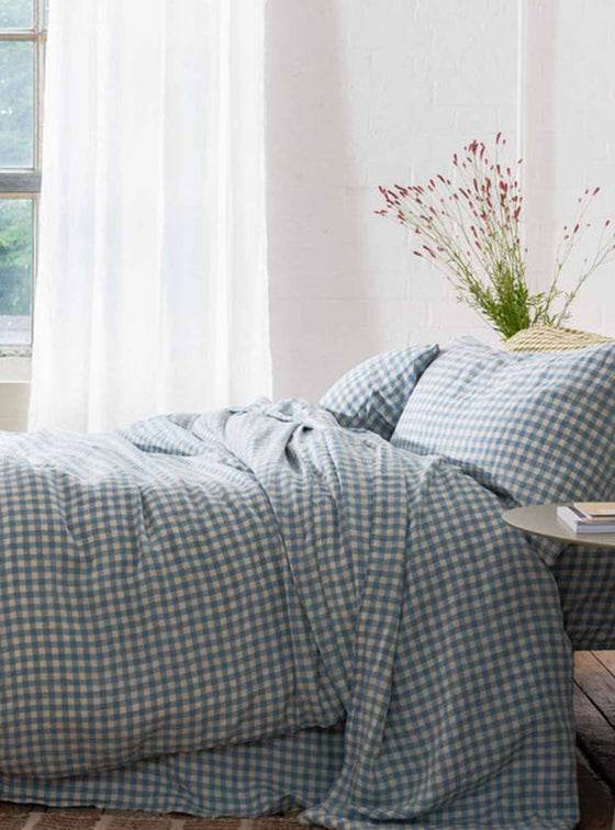 Warm Blue Gingham Linen Duvet Cover