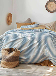  Warm Blue Seersucker Stripe Linen Duvet Cover