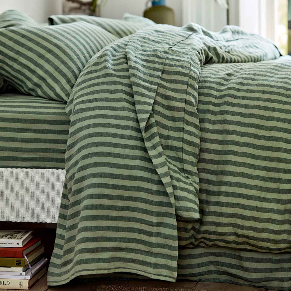 Pine Green Pembroke Stripe Linen Blend Flat Sheet Piglet