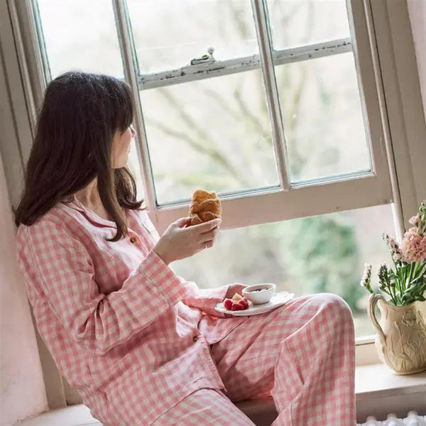 Pink Bloom Gingham Linen Pyjama Trouser Set Piglet