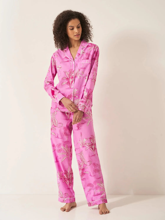 Pink Botanical Jungle Women's Long Sleeve Organic Cotton Pyjama Trouser Set Myza